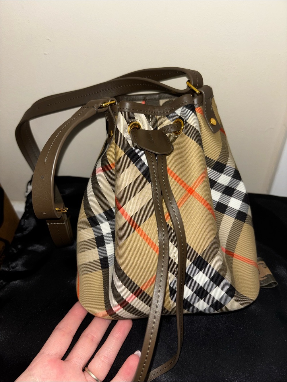 Burberry Tan Check Drawstring Crossbody Bucket Bag